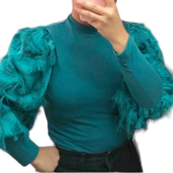 4X SHEIN Teal Blouse with Statement Feathery Sleeves - Picture 3 of 17